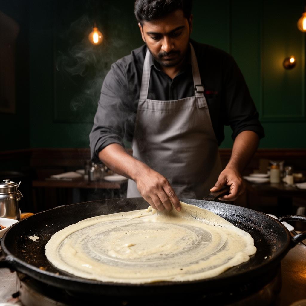 Chef tossing dosa batter on a hot tawa